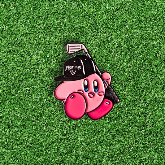 pink kirby video game character wearing flyaway hat and holding golf club golf ball marker