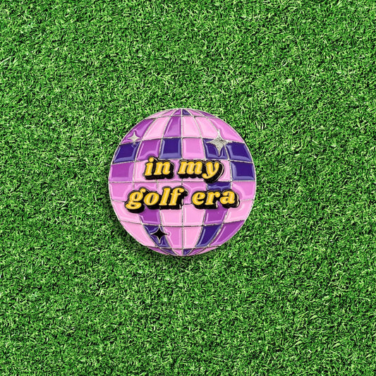 purple mirrorball golf ball marker that says 'in my golf era'