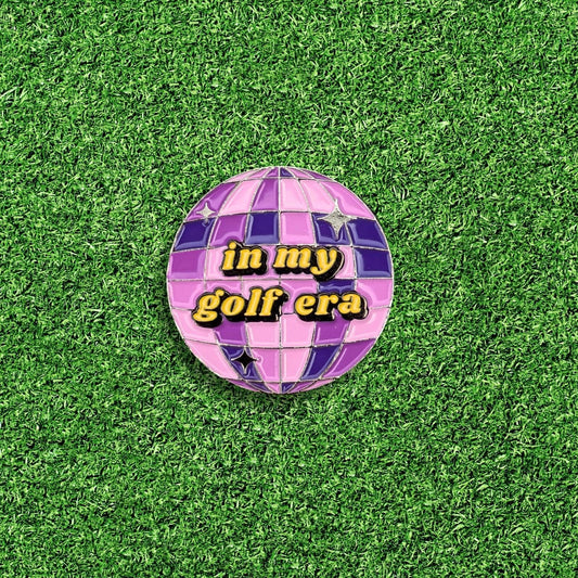 purple mirrorball golf ball marker that says 'in my golf era'